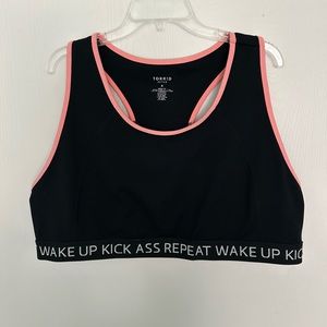 Torrid Racerback Sports Bra “Wake Up Kick Ass Repeat” Size 4 Black and Coral